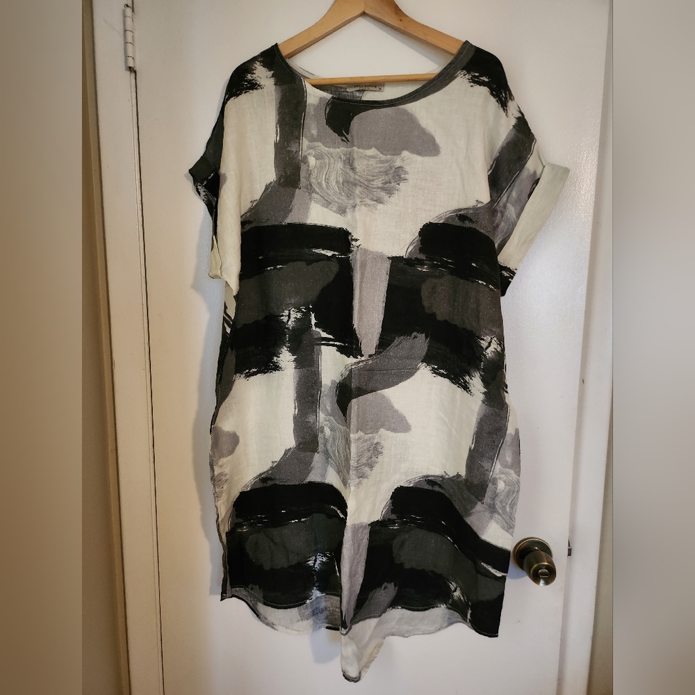 Viola Borgui abstract black and white linen dress XL
